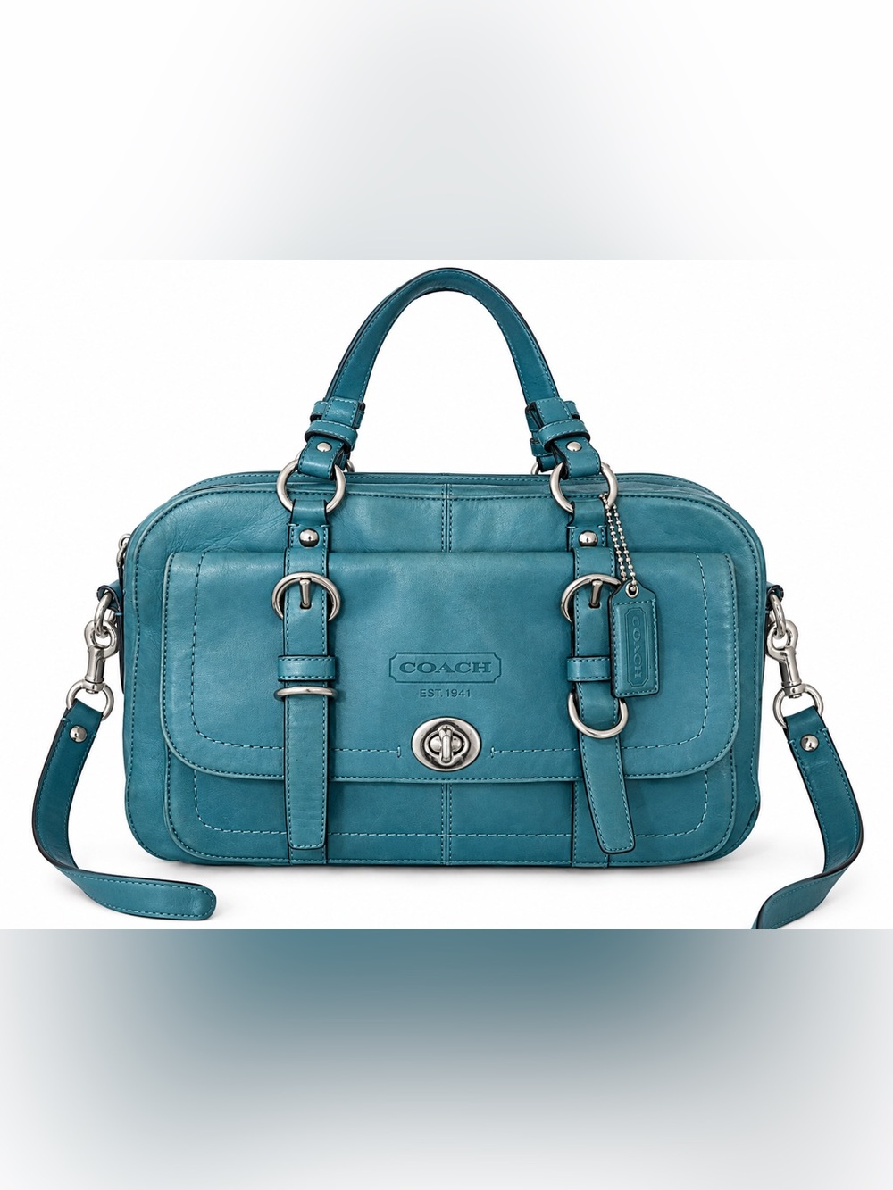 Vintage Coach Chelsea Satchel F14017 Teal Blue Leather Turnlock Bag